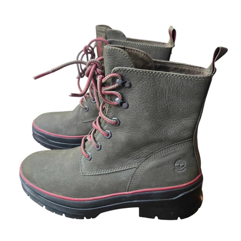 Timberland Olive Green Leather Combat Boots with Pink Accents
